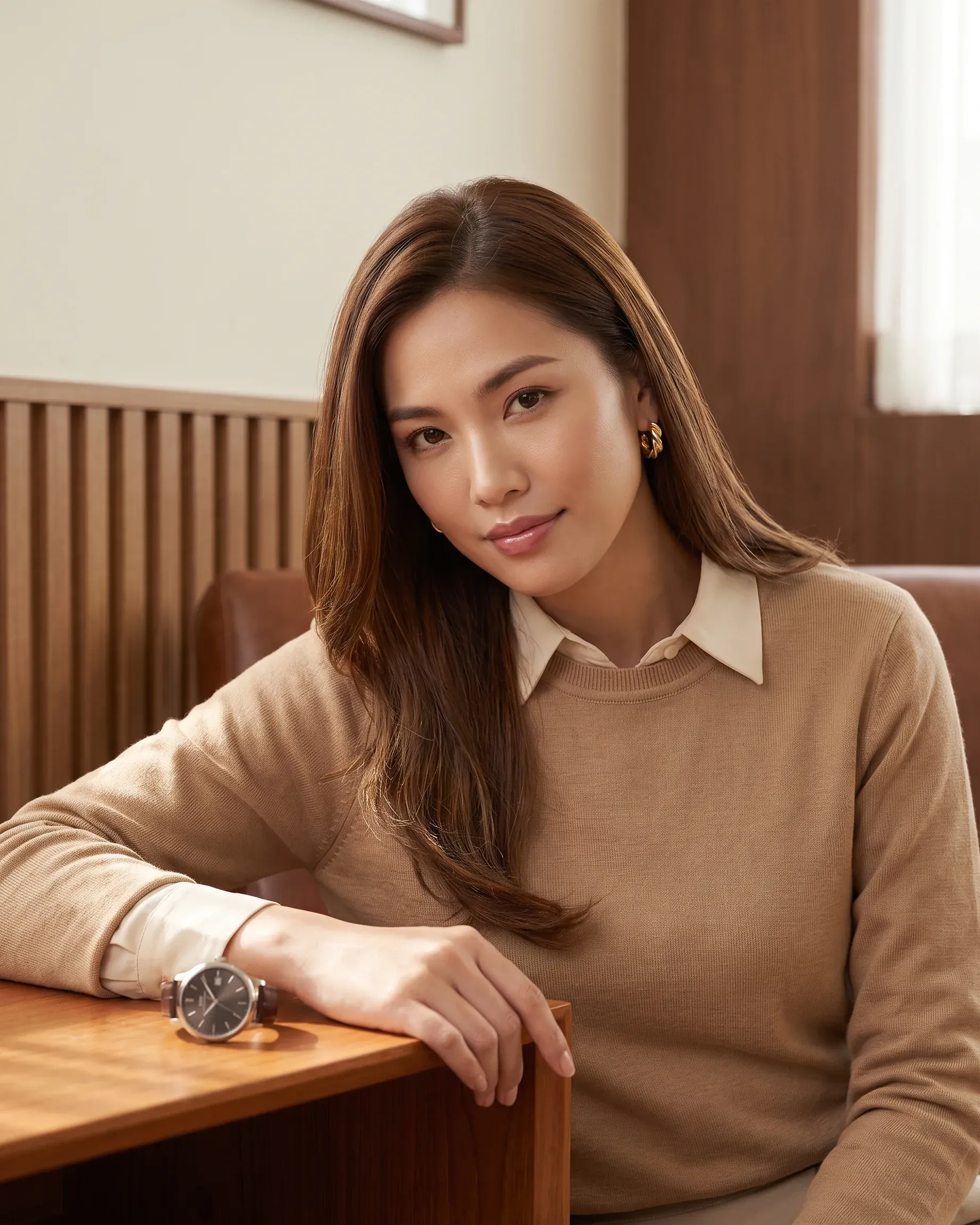 Cassia Fo seated at a wood-slat table in a softly lit home setting, wearing a camel knit sweater with a cream collar, smiling warmly.