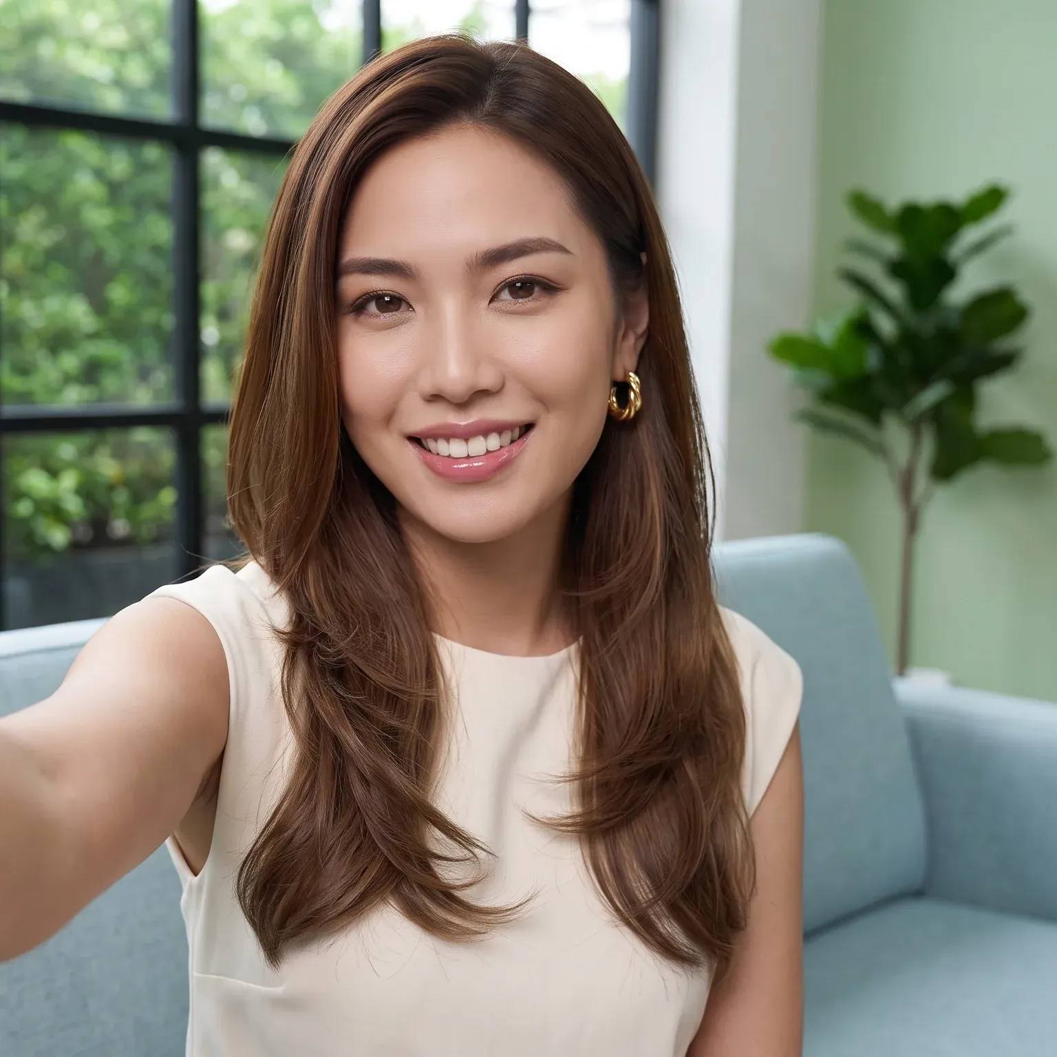 Cassia Fo taking a casual selfie on a blue sofa near a garden-facing window, smiling, wearing an ivory top.