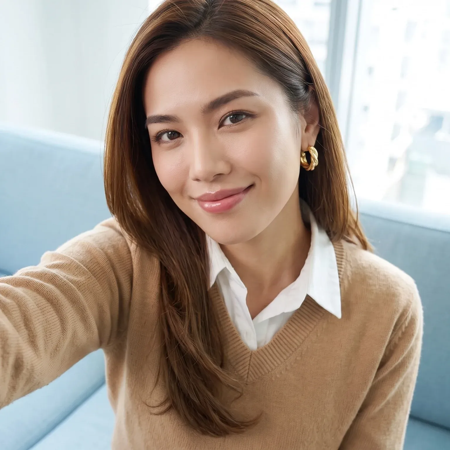 Cassia Fo taking a casual selfie near a floor-to-ceiling window, smiling, wearing a camel v-neck sweater over a white collared shirt.