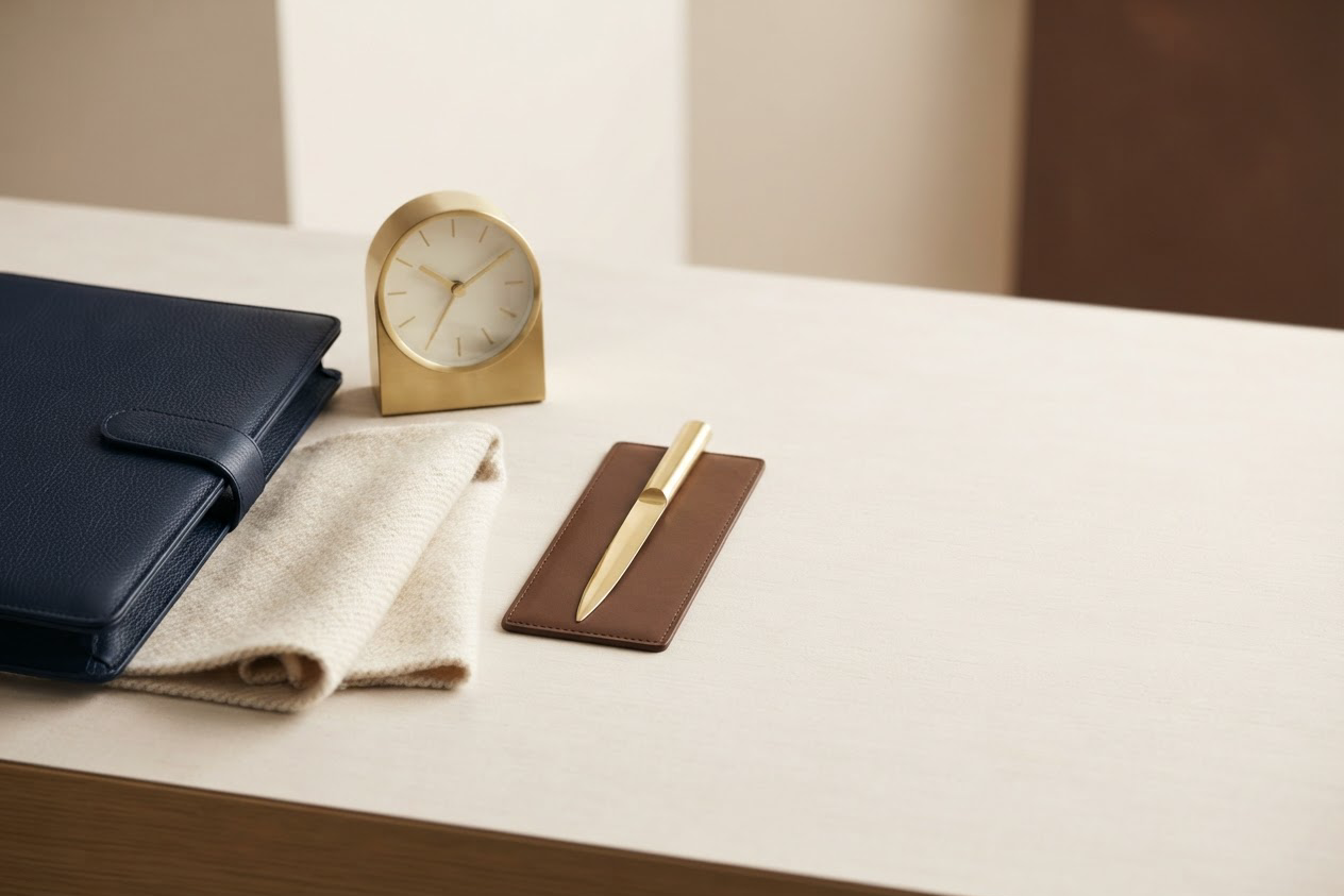 A desk still life: a navy leather portfolio and cream cloth beside a brass desk clock and a leather pen tray, on a pale desk — editorial illustration.