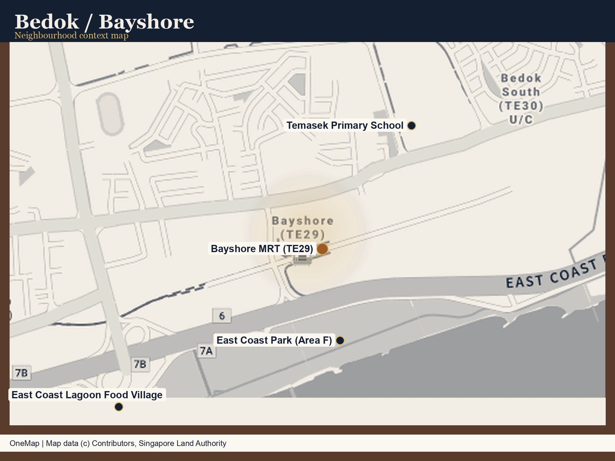 Real map of Bedok / Bayshore showing Bayshore MRT, Temasek Primary School, East Coast Lagoon Food Village and East Coast Park.