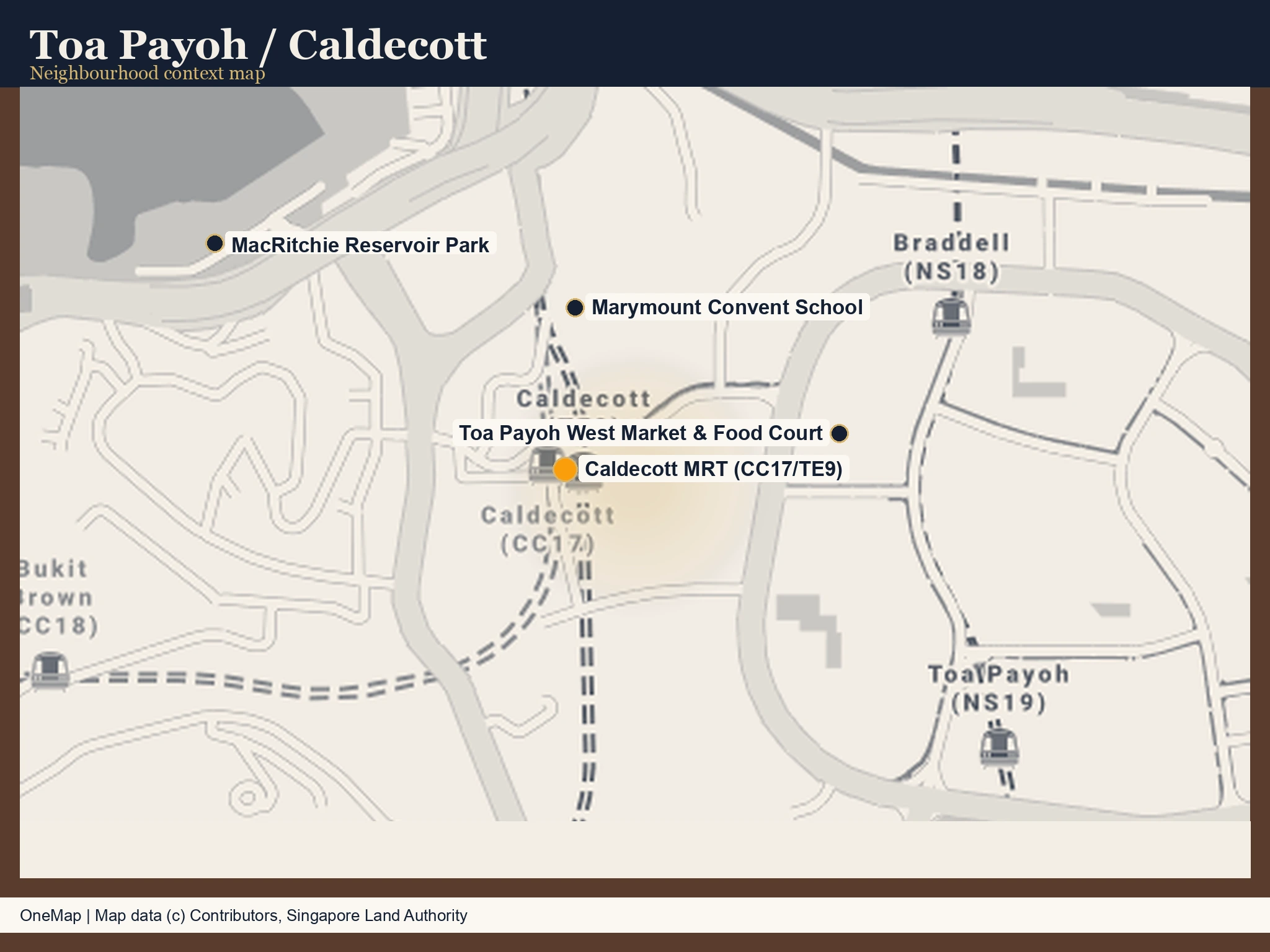 Real map of Toa Payoh / Caldecott showing Caldecott MRT, Marymount Convent School, Toa Payoh West Market & Food Court and MacRitchie Reservoir Park.