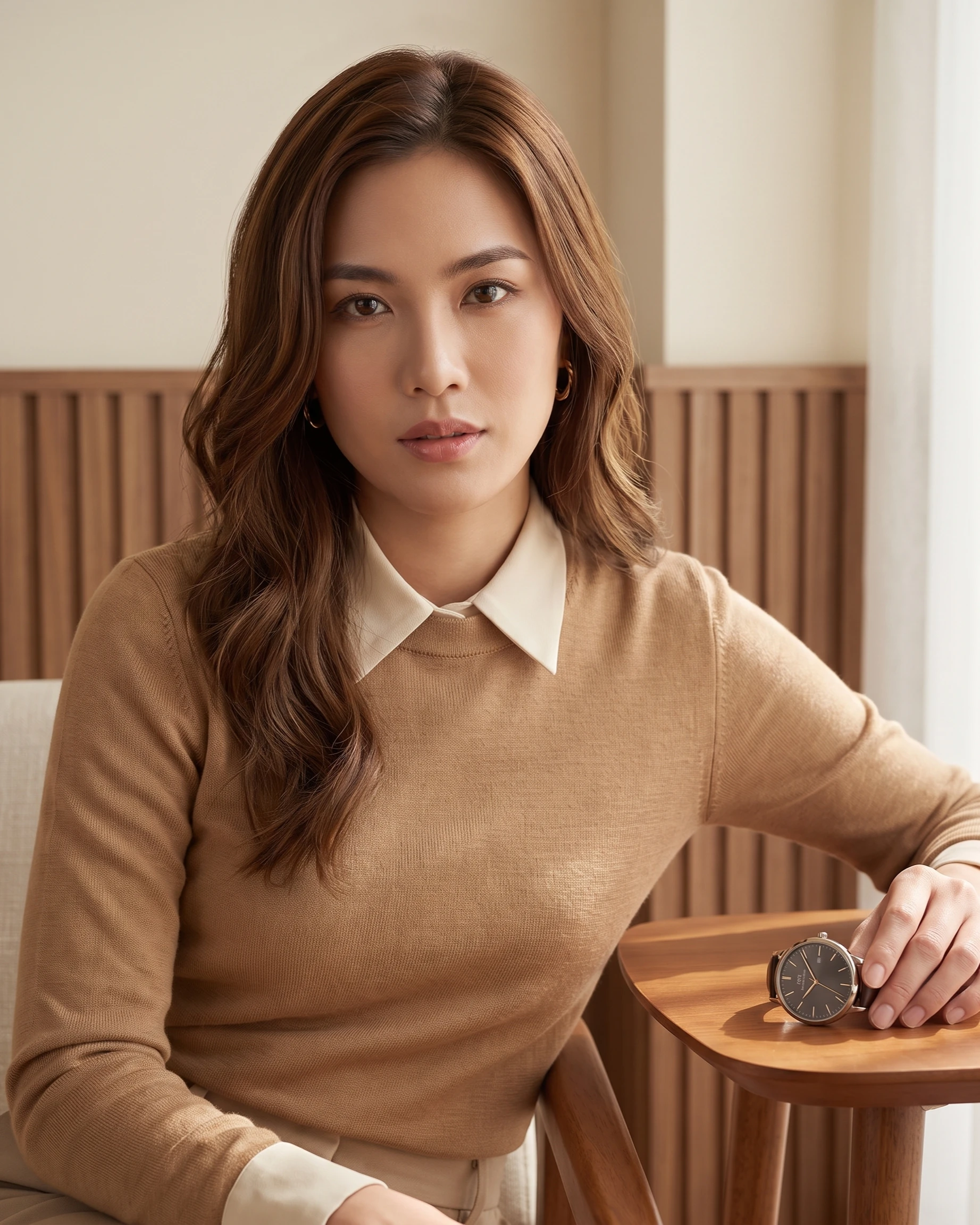 Cassia Fo seated in a warm walnut editorial interior, facing camera in a neutral, considered pose.