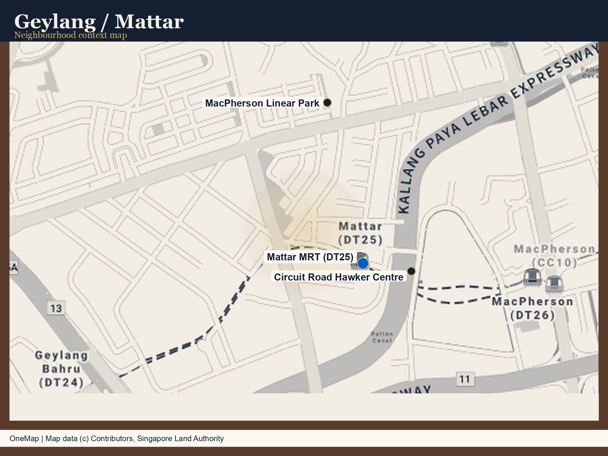 Real map of Geylang / Mattar showing Mattar MRT, Circuit Road Hawker Centre and MacPherson Linear Park.