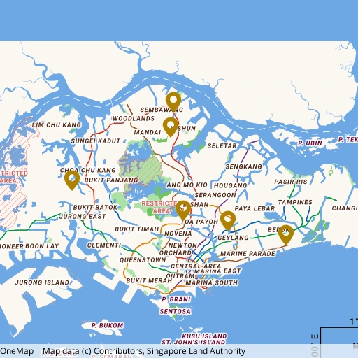 Map of Singapore marking the approximate locations of the six BTO sites in this guide