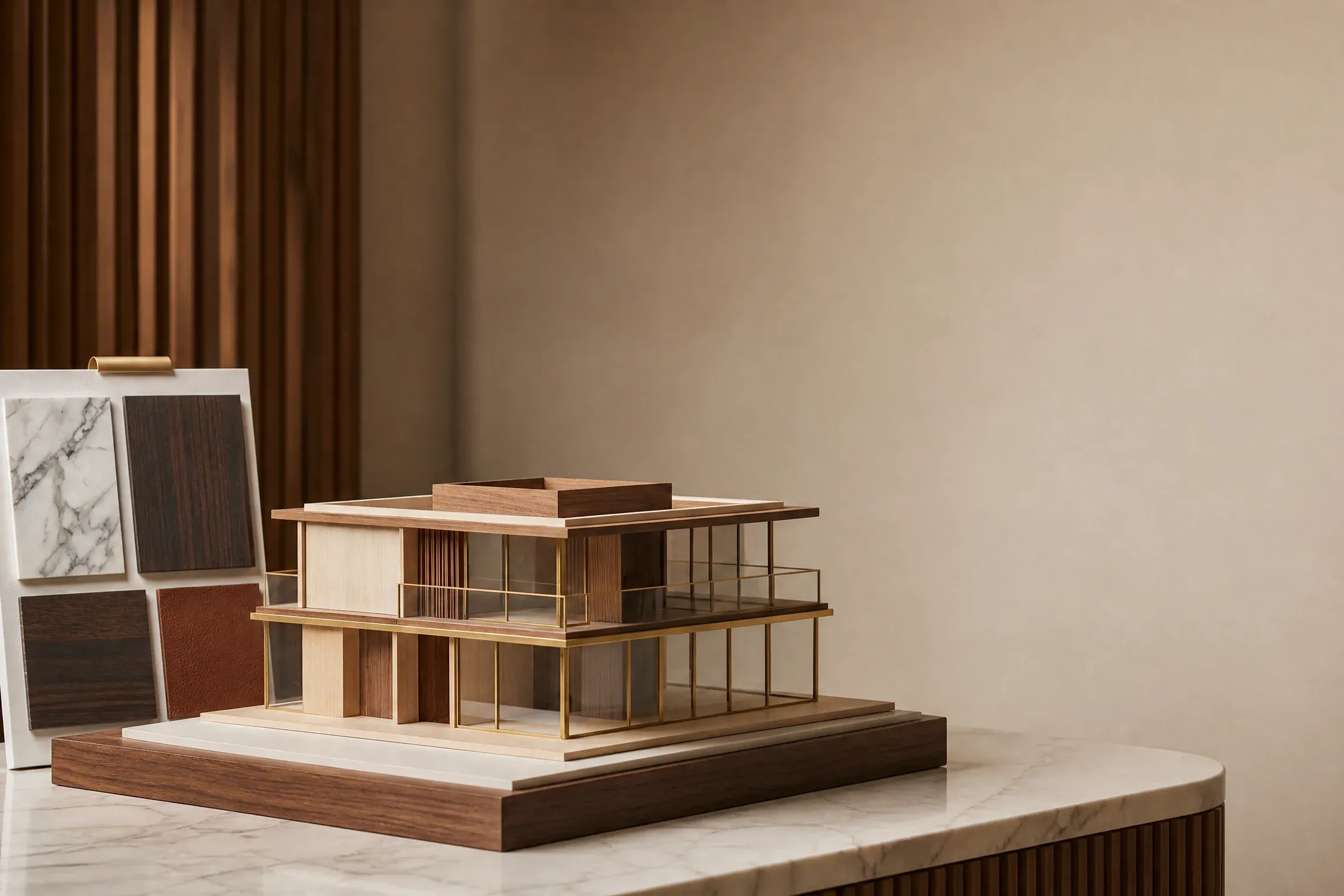 An architectural scale model of a modern two-storey house with brass detailing, beside a marble-and-wood material swatch board, on a marble desk — editorial illustration.