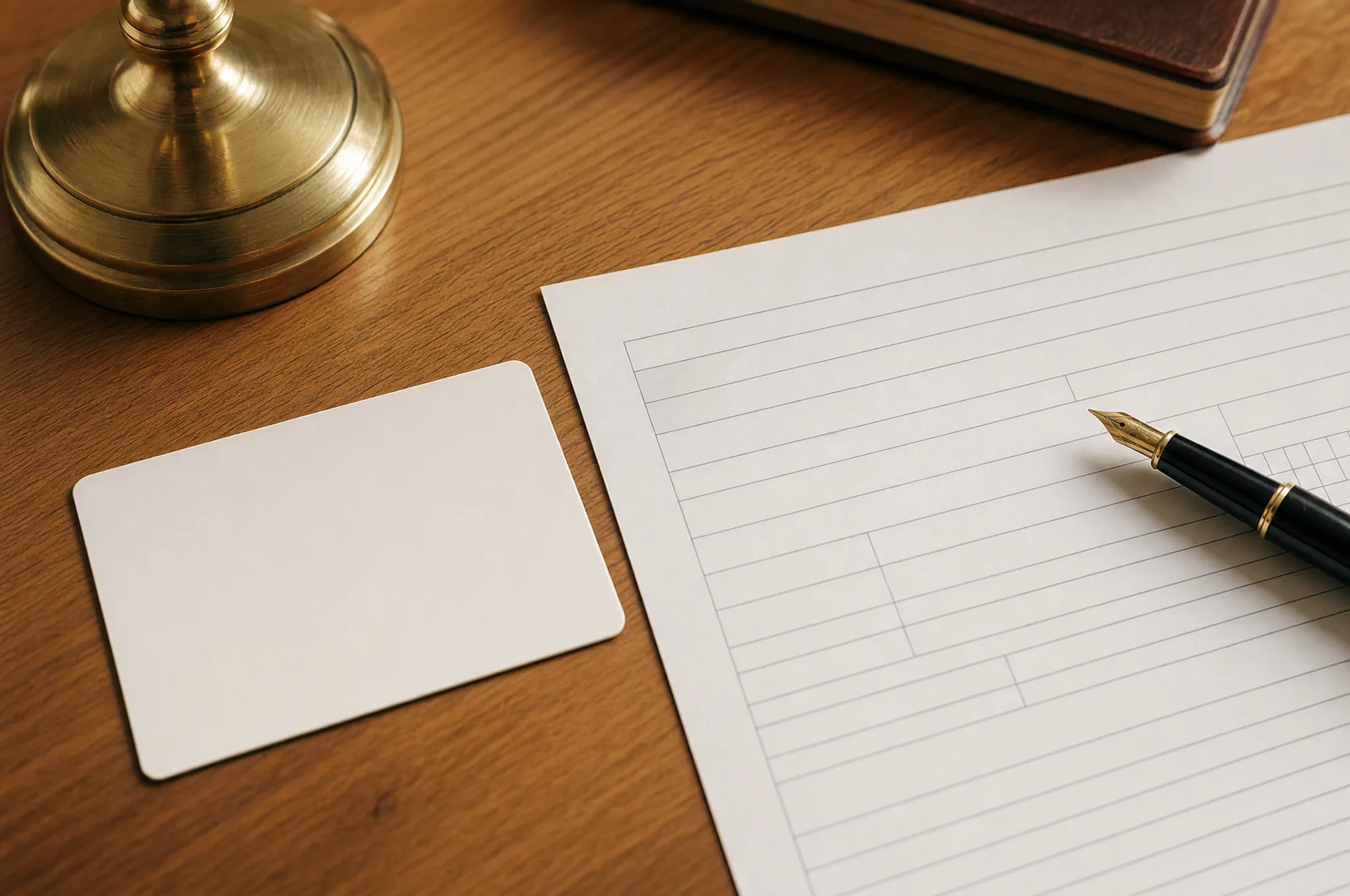 Editorial illustration: a blank ID-card-shaped placeholder resting beside a blank paper form and a fountain pen, on a warm-toned desk