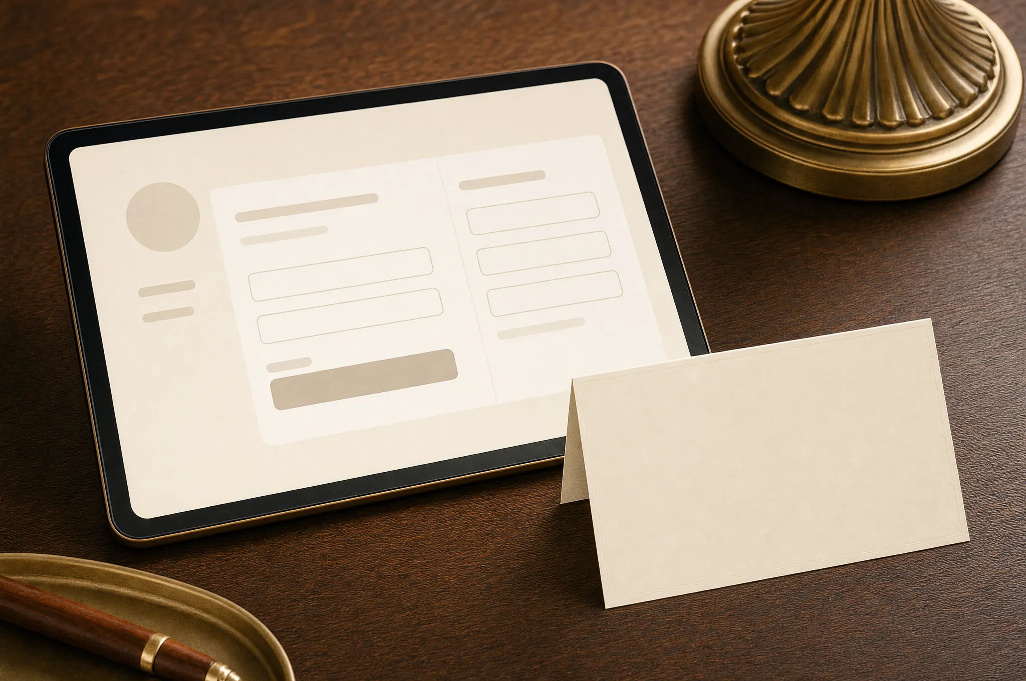 Editorial illustration: a smartphone displaying a blank registration-lookup screen resting beside an unbranded name card, on a warm-toned desk