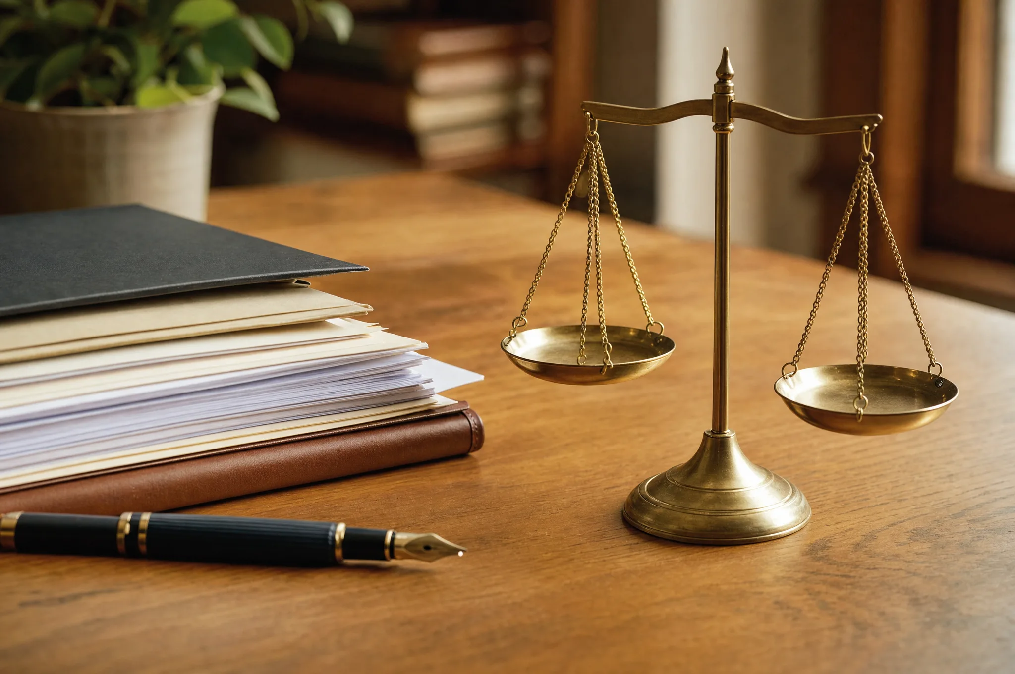 Editorial illustration: a small brass balance scale resting beside a neat stack of documents and a fountain pen, on a warm-toned desk