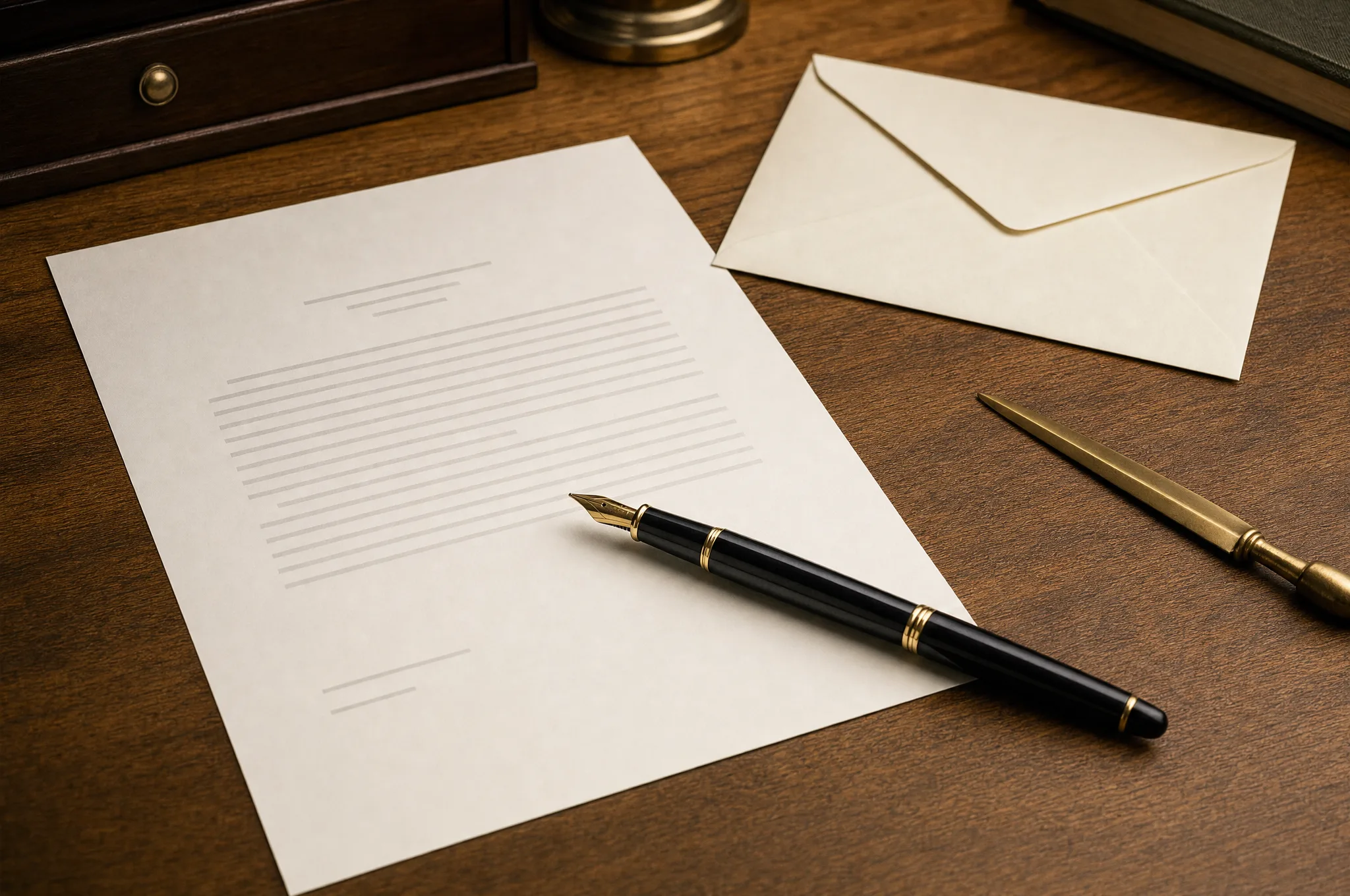 Editorial illustration: a fountain pen resting on a one-page document beside a cream envelope and a brass letter-opener, on a warm-toned desk