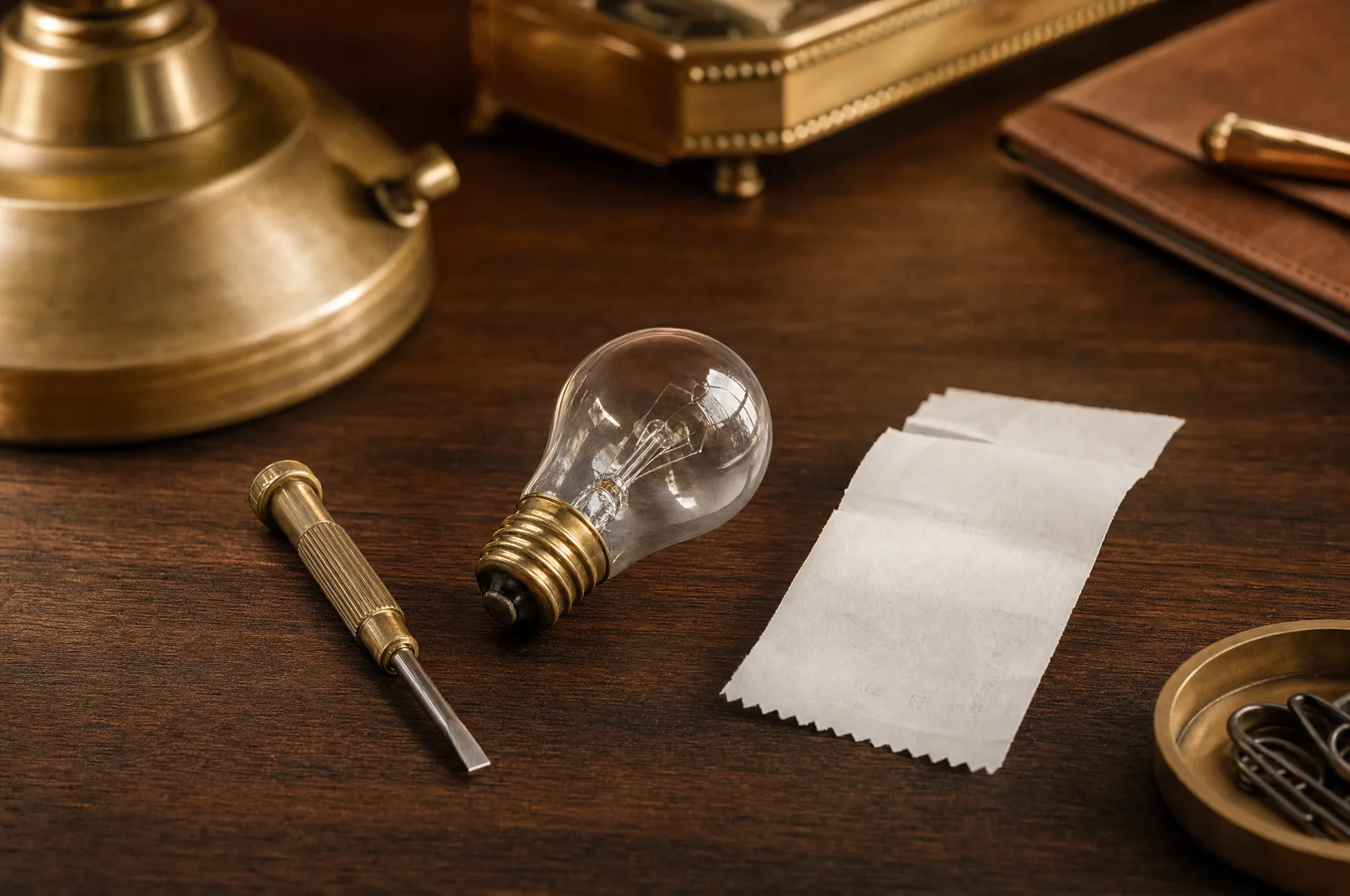 Editorial illustration: a small screwdriver and a spare light bulb resting beside a low-value repair receipt, on a warm-toned desk