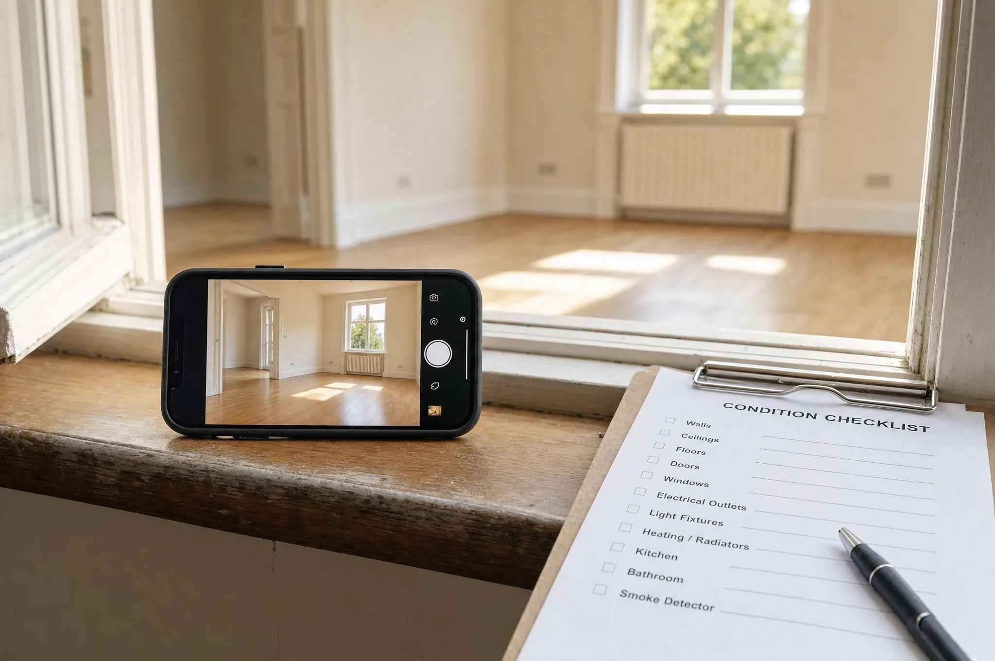 Editorial illustration: a smartphone photographing an empty, sunlit room, with a clipboard and pen for a condition checklist nearby