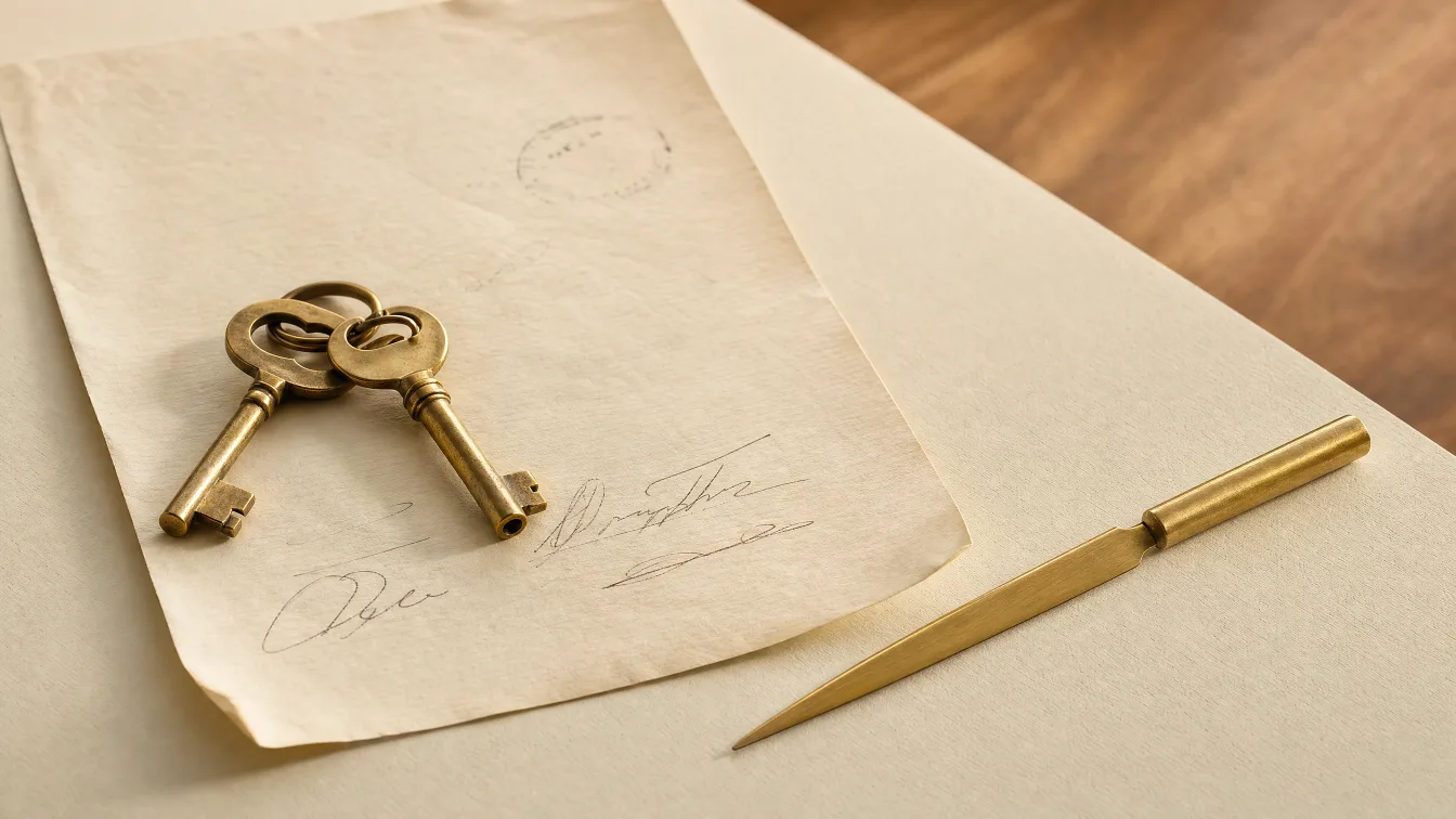 Editorial illustration: a set of brass keys resting on a signed lease document beside a brass letter-opener, on a warm-toned desk