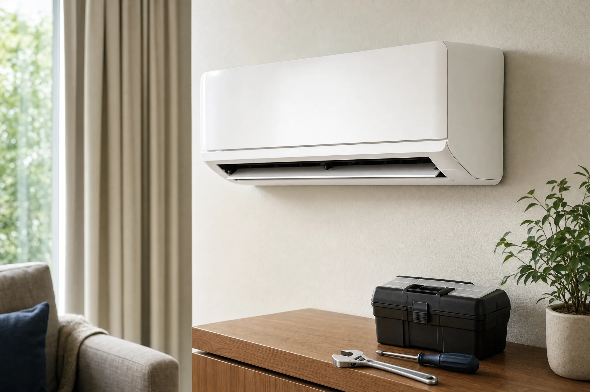 Editorial illustration: a wall-mounted air conditioning unit with a small toolkit and wrench resting on a table below it