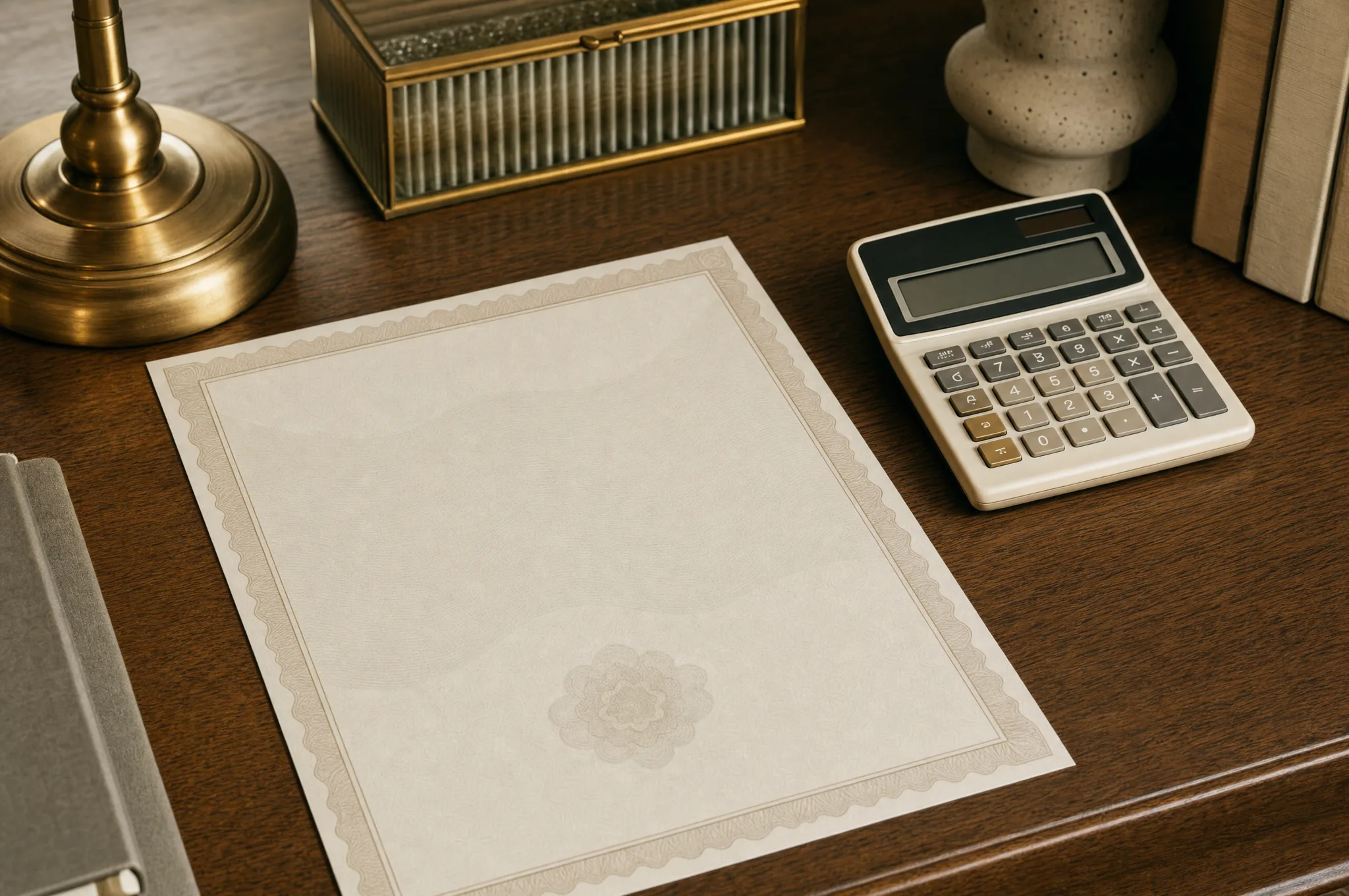 Editorial illustration: a printed official-looking receipt resting beside a calculator, on a warm-toned desk