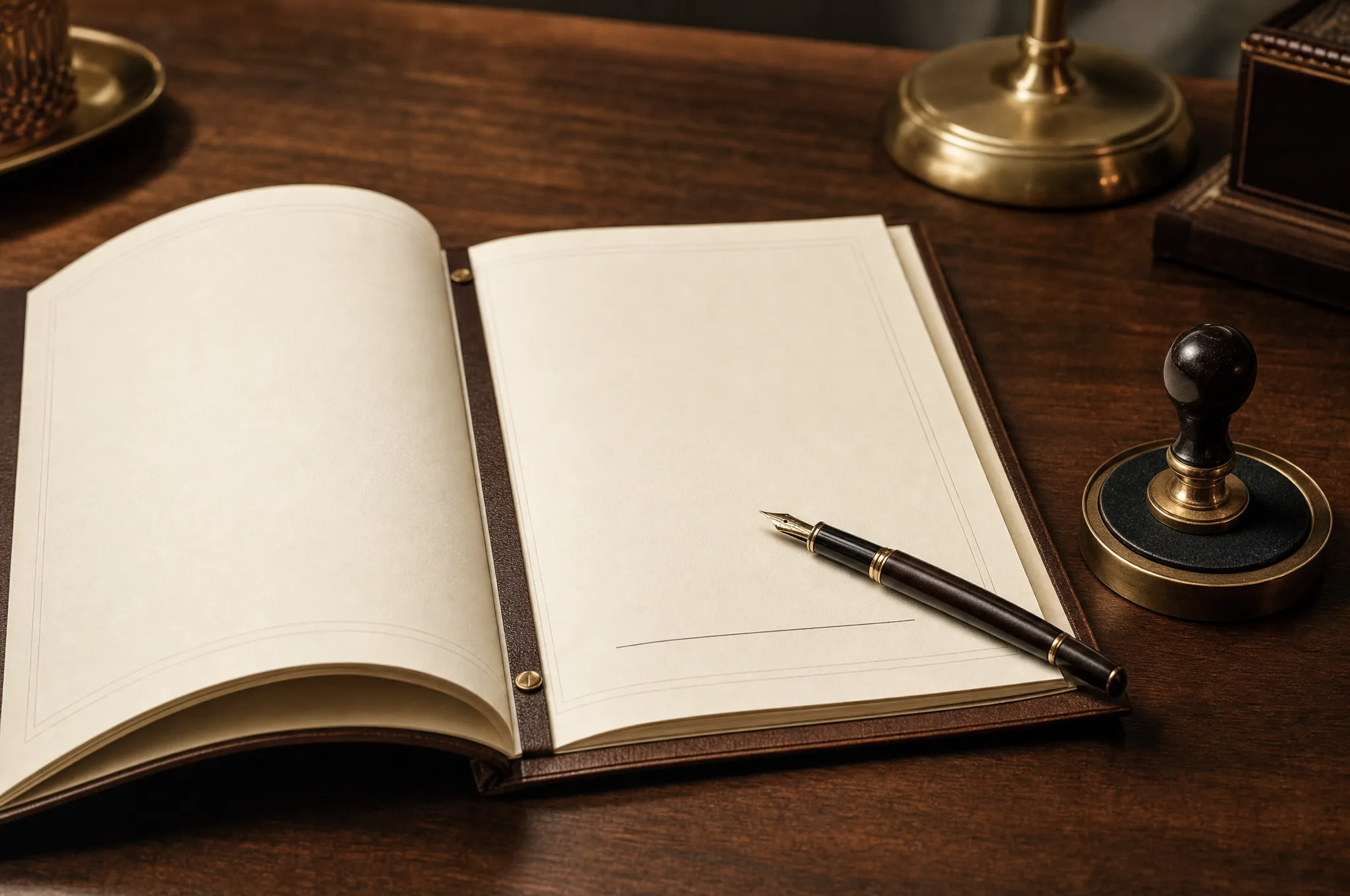 Editorial illustration: a fountain pen resting on the signature line of an open, bound tenancy-agreement booklet beside a date stamp, on a warm-toned desk