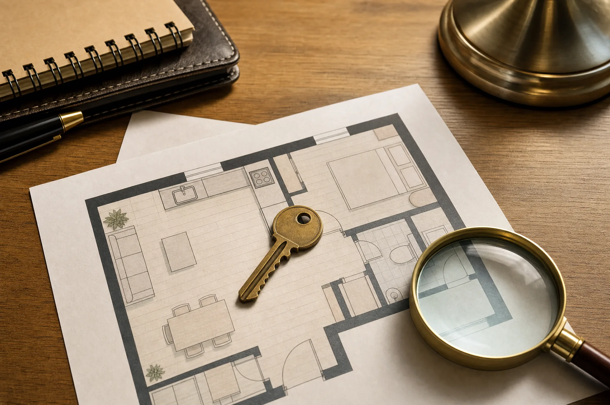 Editorial illustration: a brass key resting on a printed floor-plan diagram beside a magnifying glass, on a warm-toned desk