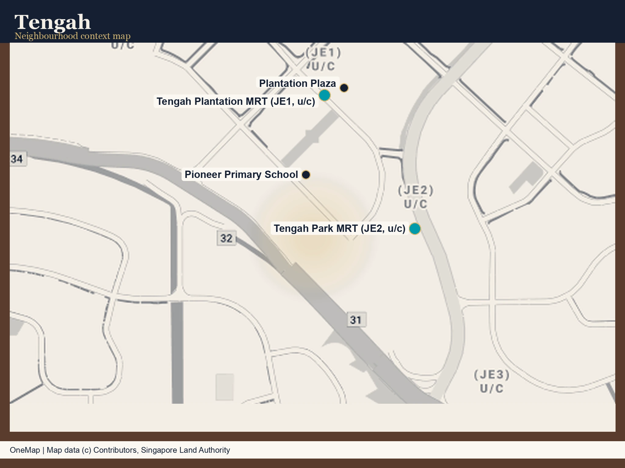 Real map of Tengah showing the under-construction Tengah Park and Tengah Plantation MRT stations on the Jurong Region Line, Pioneer Primary School and Plantation Plaza.