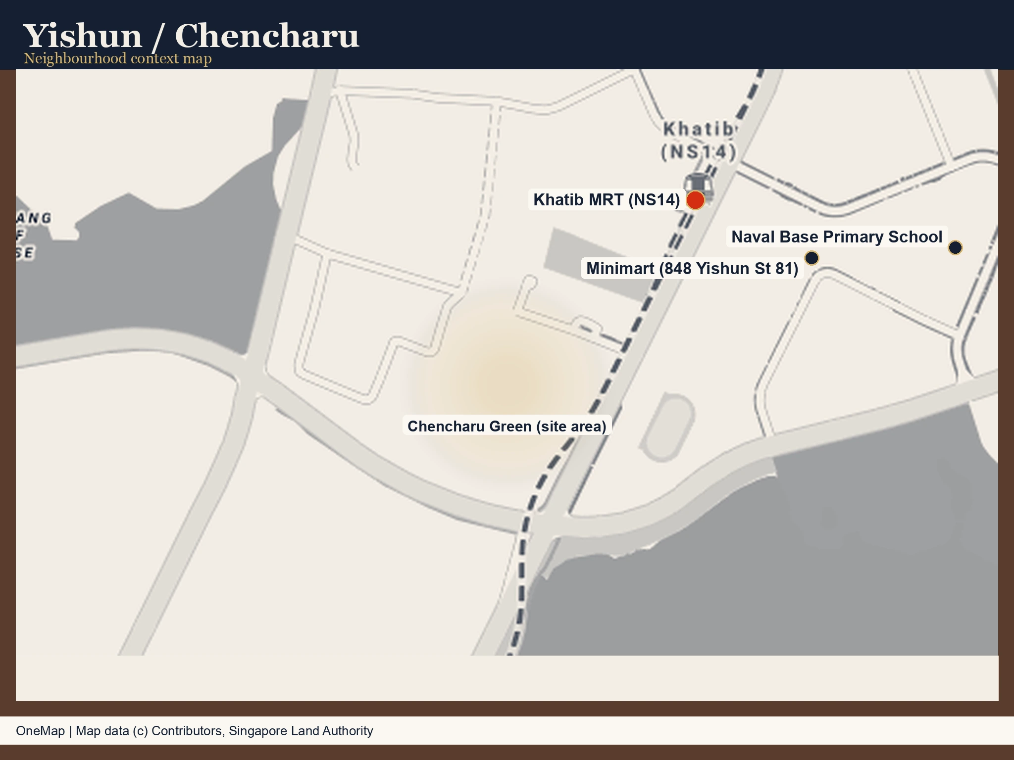 Real map of Yishun / Chencharu showing the Chencharu Green site area, the nearest MRT Khatib, and Naval Base Primary School.
